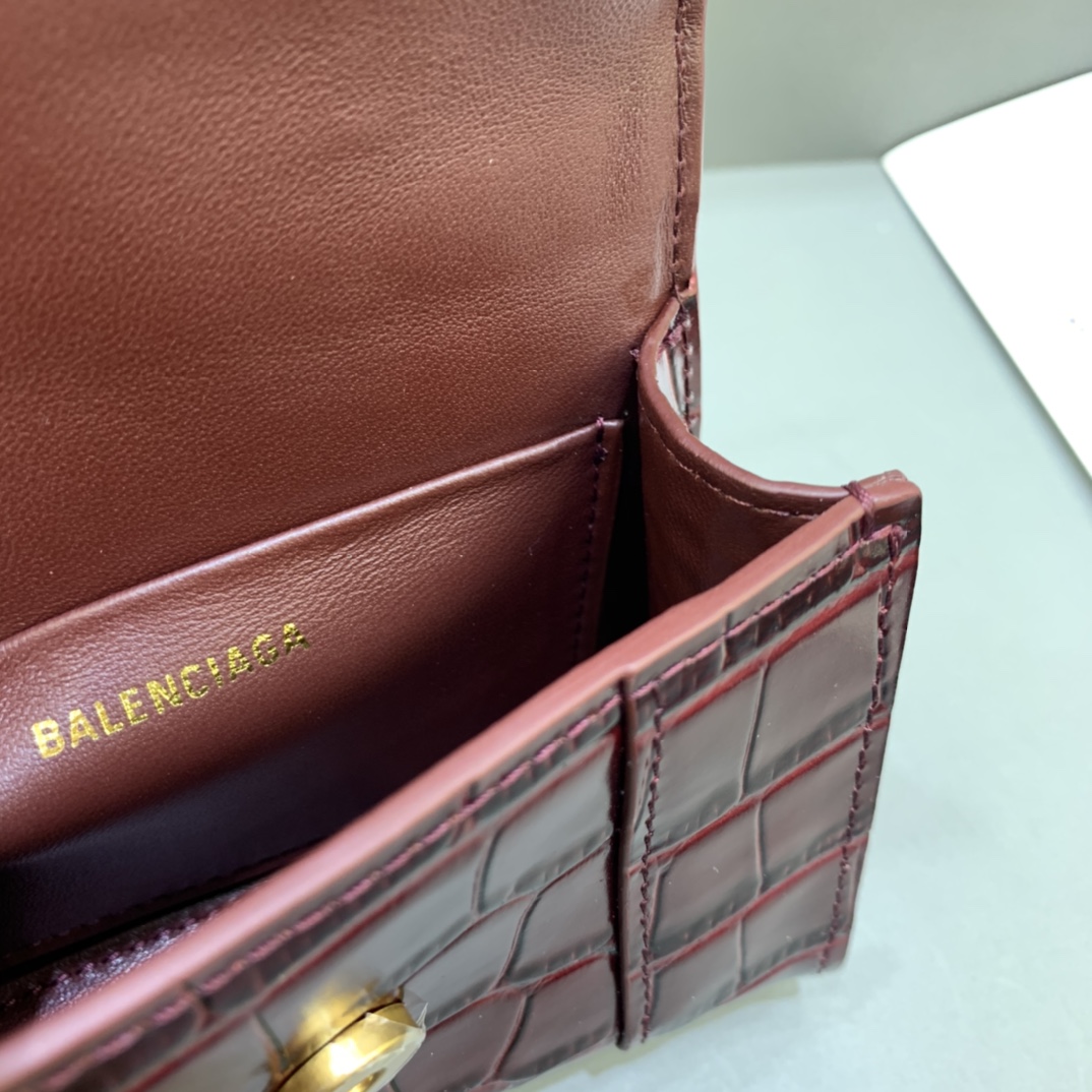 Balenciaga Hourglass Mini Handbag With Chain Crocodile Embossed Shoulder Bag Coffee